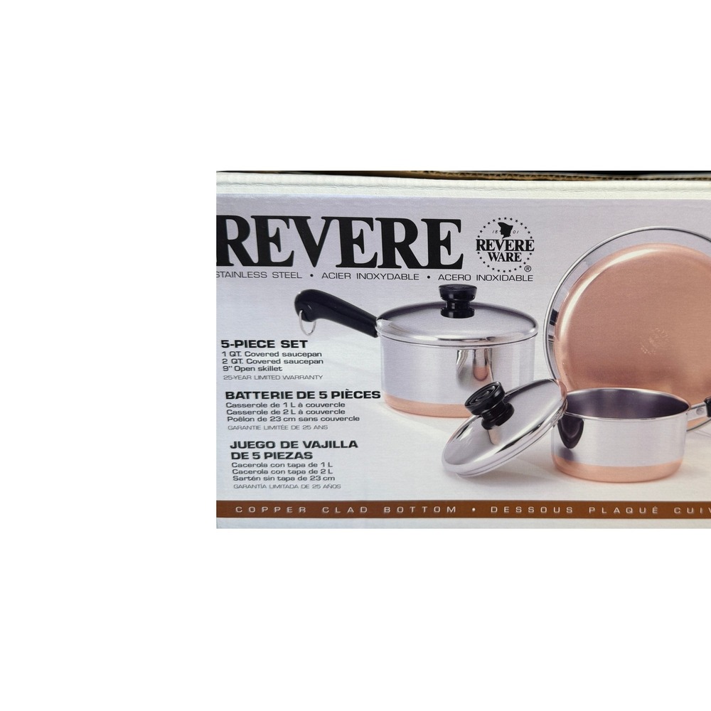 Revere Ware 5 Piece Cookware Set-Stainless Steel, Copper Clad Bottom 3501050 NEW
